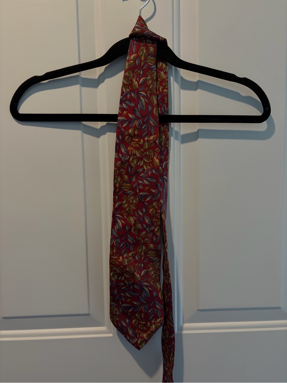 Christian Dior Maroon Tie with Multicolor Leaf Motif